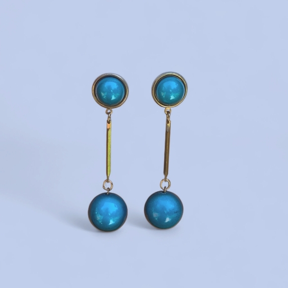Jewelry - Vintage Pendulum Brass and Blue Cats Eye Drop Earrings Acrylic Lightweight